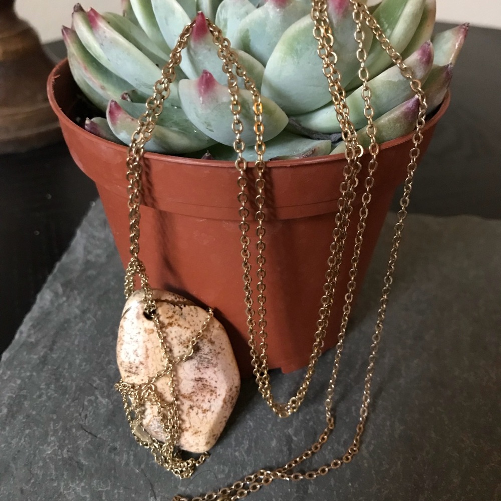 Long Gold Accent Necklace with Beige Stone